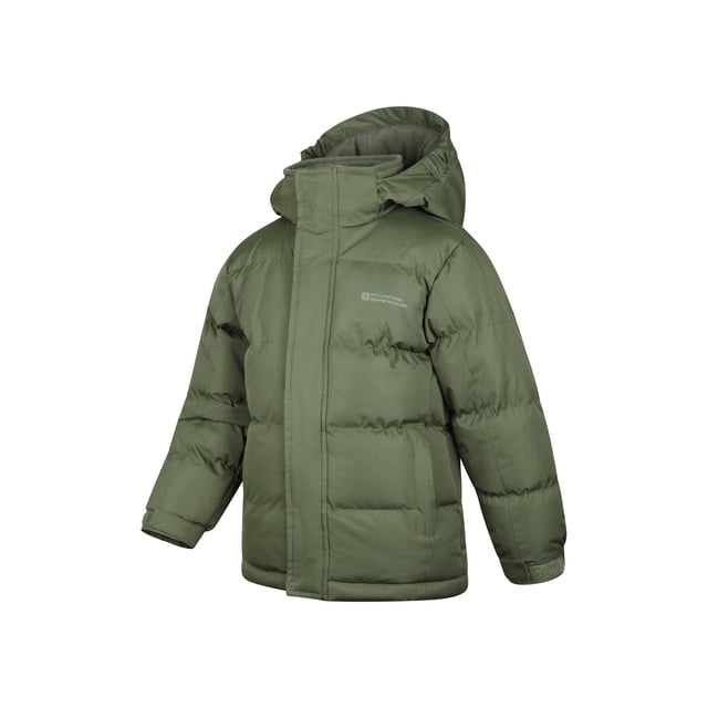 Fabric: Ripstop. Design: Logo. Fabric Technology: DWR Finish, High Warmth, Isotherm, PFC Free, Water Repellent, Water Resistant. Cuff: Adjustable Wrist Strap. Heavy Duty, Padded. Neckline: Hooded. Sleeve-Type: Long-Sleeved. Hood Features: Fleece Lined. Pockets: 2 Side Pockets. Fastening: Full Zip, Stormflap, Stud, Touch Fastening. 13 Years: 33 in. 7-8 Years: 26 in. 9-10 Years: 28.5 in. 5-6 Years: 24 in. 11-12 Years: 31 in.