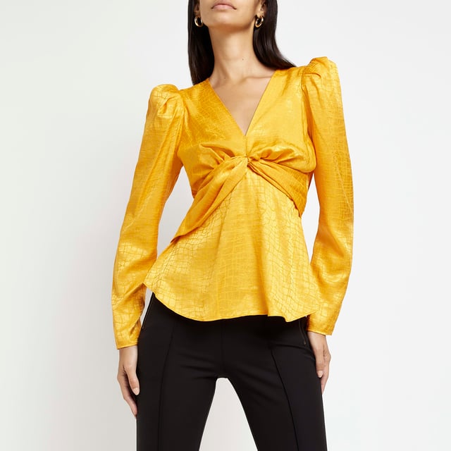 River Island Womens Blouse Orange Satin Jacquard Twist