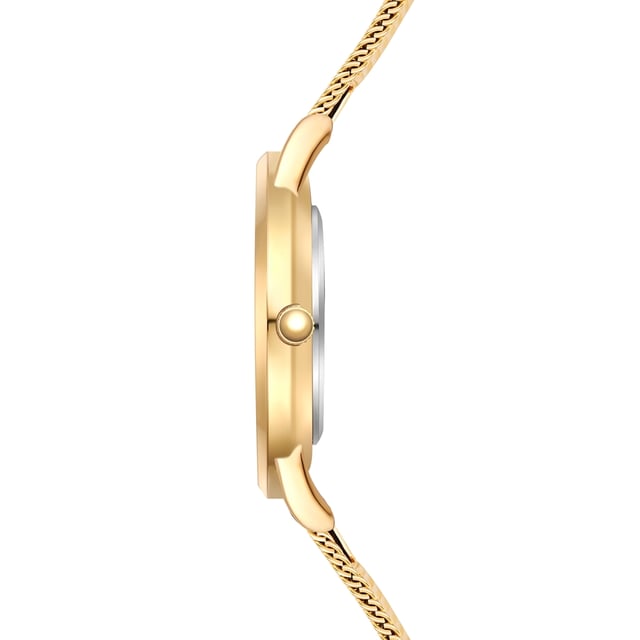 GENERAL INFORMATION:  • Targetgroup: Female  • Wristwatch: No Special Functions  • Display: analogue  • Weight of watch w/o box (gr.) - approx.: 48,0  MOVEMENT:  • Movement: Quartz  • Term of Movement: 2025  • Origin of movement: Japan  BRACELET:  • Material of bracelet/strap: Stainless steel  • Plating of bracelet/strap: Ion-Plating (IP)  • Finishing of bracelet/strap: Smooth  • Finishing/Decoration of bracelet/strap: None  • Clasp/Closure/Buckle: Slide Clasp  • Color of bracelet/strap: Yellowgold  • Length of bracelet/strap (mm) approx.: 200,0  • Width of bracelet/strap (mm) approx.: 17,6  • Style/Design of bracelet/strap: Mesh band (Millanaise Style)  • Bracelet/strap adjustable?: No  CASE:  • Shape of case: Round  • Size/Diameter of case in mm . approx.: 33,0  • Height of case in mm: 6,7  • Case material: Metal (Alloy)  • Surface of case: Polished  • Bezel/Topring: Fixed  • Finishing/Decoration of case: None  • Material of case back: Stainless steel  • Lock of case back: No screwed-in crown  • Color of case: Yellowgold  • Coating/Plating (Case): Ion-Plating (IP)  • Type/Form of crystal: Flat  • Material of crystal: Mineral crystal  • Water resistant (ATM): 3  DIAL:  • Size jewelry care cloth: Hour, Minute  • Indices: Roman numerals/points  • Material of dial: Brass  • Structure/pattern of dial: sunray  • Color of dial: White  PUSHER, CROWN, HAND:  • Pusher: None  • Corrector: No  • Crown: No screwed-in crown  • Type of hands: Dauphine hands  • Luminescent (hands): No  PACKAGING & SCOPE OF DELIVERY:  • Box: Yes  • Service booklet: Yes  • Manual: Yes
