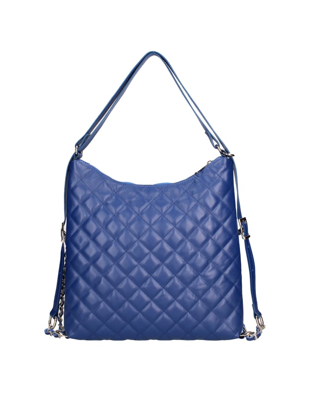 Bolsa de hombro convertible en la mochila femenina. El cierre es con zip. Los bolsillos internos son uno con zip y dos abiertos. Los bolsillos externos están ausentes. La correa del hombro está ausente. El mango está en cuero. Los compartimentos internos son uno. El material externo es verdadero cuero de sauvage acolchado. Está alineado internamente en 70% de tela de algodón: 30% de poliéster. Medidas: 30x31x6 cm. Hecho en Italia