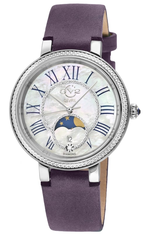 GV2 12540 Women's Genoa Watch

GV2 Women's Swiss Watch from the Genoa Collection
37mm 316L Stainless Steel Case, Diamond Cut bezel
White MOP Dial, Moon Phase -Date at 6.00
Push Pull crown with Blue Cabochon Stone
Genuine Italian Black Plum Suede Leather Strap with Tang Buckle
Anti-reflective Sapphire Crystal
Water Resistant to 50 Meters/5ATM
Swiss Quartz Movement Ronda Moon Phase 708