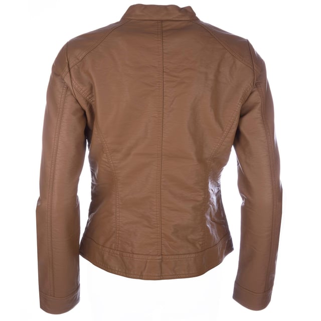 Womens Only Bandit Faux Leather Biker Jacket in cognac.- Leather-look.- Tight fit.- Two vertical pockets to the bottom front with press stud closures.- Two horizontal zip pockets to the chest. - Full zip up front with press stud closure to the collar.- Measurement from shoulder to hem: 21.5 inches approximately.- 50% Polyurethane  50% Viscose. Lining: 100% Polyester. - Ref 15081400- Measurements are intended for guidance only.