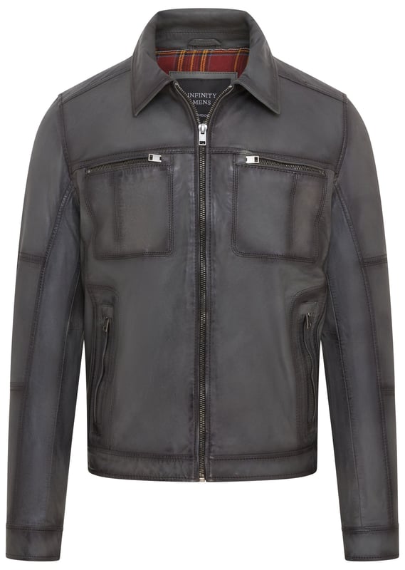 This Harrington biker jacket is a timeless classic, crafted from premium lamb leather with a vintage rub-off finish for a distinctive, worn-in look. Designed with functionality and style in mind, it features four outer zipped pockets and two internal pockets for practicality, along with a soft cotton lining for added comfort. The jacket’s sleek design, durable construction, and retro vibe make it an ideal choice for both casual outings and biker enthusiasts.

Premium lamb leather with a unique vintage rub-off finish.
Soft cotton lining for maximum comfort.
Four outer zipped pockets and two internal pockets for ample storage.
Classic Harrington collar for timeless style.
Durable front zip closure for easy wear.
Perfect for casual wear or adding a retro touch to your wardrobe.