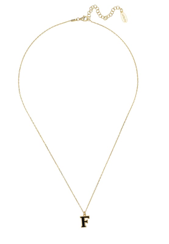 Design:This simple but beautifully styled initial enamel pendant necklace is perfect for those who covet delicate jewellery with a hint of colour, offering a sophisticated finishing touch to any outfit.Pretty and petite, this monogram necklace features a metallic setting with an inlay of black enamel. It looks perfect worn alone or, create your own unique style by layering with other necklaces.What can be more personal than a name? Give this initial pendant necklace as the perfect personalised birthday gift.Materials:Handcrafted using 925 sterling silver, dipped in 22ct gold. Black Enamel.Style Notes:Personalised birthday gift ideas. Bridesmaid gifts. Simple everyday styling.Dimensions:Necklace length 40cm with 5cm adjuster. Letter pendant length 1cm.Packaging:This item is presented in a Latelita London signature jewellery box.Care Instructions:To maintain your jewellery, wipe gently with a damp cloth that is soft and clean. Do not soak in water. Avoid contact with soaps, detergents, perfume or hair spray.