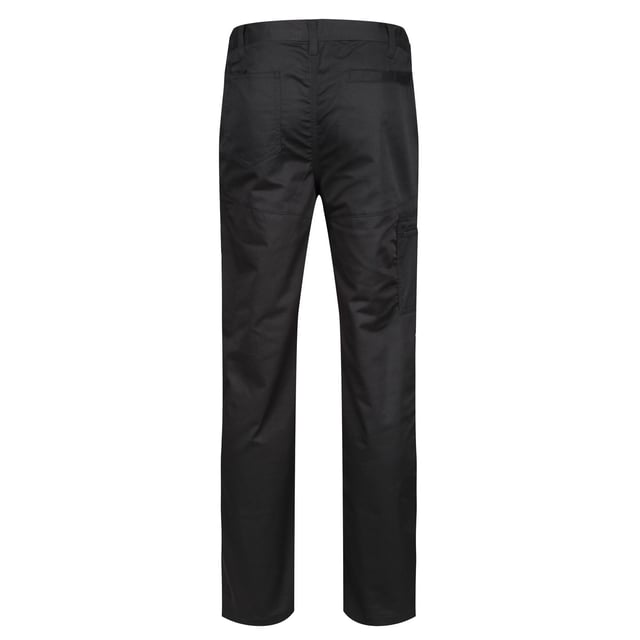 Mens waterproof trousers made of hardwearing Polycotton fabric. Fabric weight 245 g/m2. Water repellent coating. Part-elasticated waist. Knee pad pockets. Belt loops. Zip fly opening. Metal Shank button to CF fasten. 2 front pockets, 1 with small coin pocket. Multi zip pockets. 1 side zipped pocket. 2 back pockets. Reinforced crotch seam. Reinforced seams with triple stitching. 65% Polyester  35% Cotton.