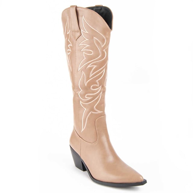 Women's cowboy boot. Comfortable fit. Natural leather padded insole. Manufactured by other brands for our brand. Approximate measurements: 6 cm heel, 43 cm high and 12 cm wide.