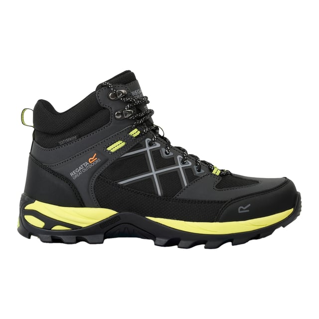Regatta Mens Samaris III Walking Boots (Ash/Lime Punch) Upper: Durable, Polyester, PU (Polyurethane), Synthetic. Insole: TECFOAM. Midsole: EVA (Ethyl Vinyl Acetate), Lightweight, Shock Absorbing. Outsole: Rubber, Traction Grip. 8 Eyelets. Fabric Technology: Breathable, Hardwearing, Isotex, Water Repellent, Water Resistant, Waterproof. Abrasion Resistant, Cushioned, Flexible, Heel Bumpers, Moulded Collar, Pull Tab, Scuff Guards, Toe Cap. Flat Heel. Cut: Mid Cut. Design: Contrast Detail, Logo, Text. Toe Style: Round. Fastening: Ghillie Lacing.