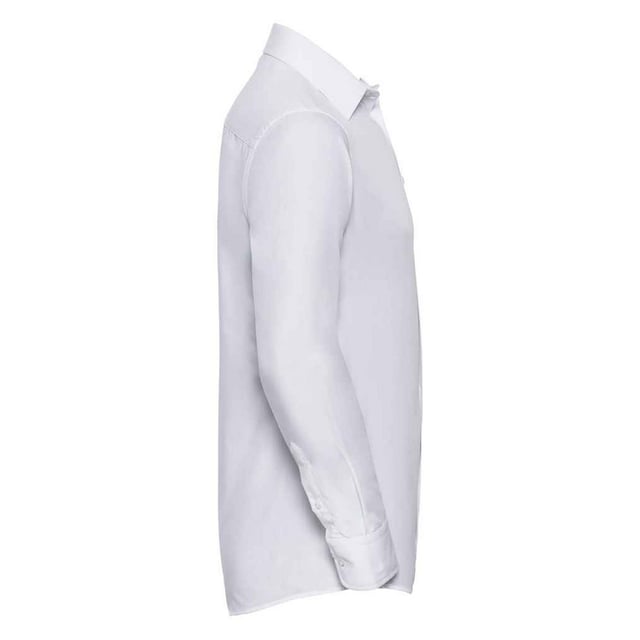 65% Polyester, 35% Cotton. Fabric: Poplin. Design: Plain. Cuff: Adjustable, Double Button. Hem: Curved. Sleeve-Type: Long-Sleeved. Neckline: Semi-Cutaway Boned Collar, Turn Down Collar. Back Yoke, Double Folded Seams, Easy-Care. Fit: Tailored. 110gsm. Sustainability: Amfori, Better Cotton Initiative, BSCI, Fair Labor Association, Oeko-Tex Standard 100 Certified, WRAP Certified.