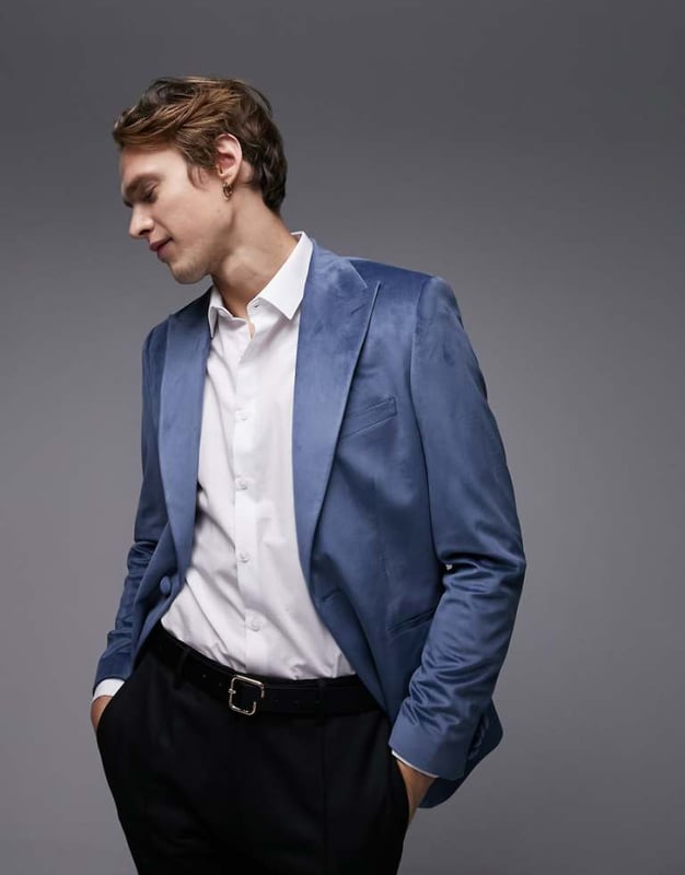 Topman skinny single breasted velvet blazer in blue