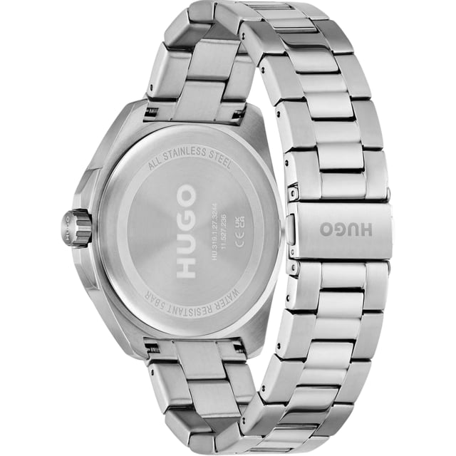 Hugo 1530242 - Damenuhr Quarz aus Edelstahl• Material: Edelstahl• Glas: Mineral• Armband: Edelstahl• Farbe: Grau• Wasserbeständigkeit: 50 m (5 ATM)• Gehäusegröße: 44 mm