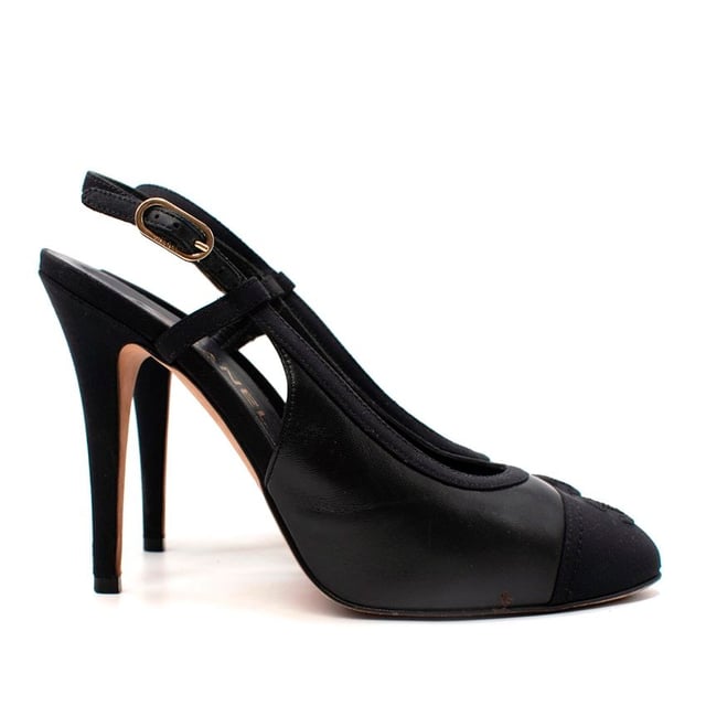 Chanel CC Cap Toe Leather Grosgrain Slingback Sandals