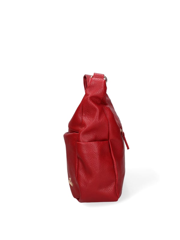 Bolso bandolera para mujer. El cierre es con cremallera. Los bolsillos internos son uno con cremallera y dos abiertos. Los bolsillos externos son uno frontal con cremallera, otro trasero con cremallera y un lateral abierto. La bandolera es ajustable en ecopiel. Falta el mango. Hay dos compartimentos internos. El material exterior es ecopiel. Internamente está forrado en poliéster. Medidas: 30x28x12 cm. Producto de moda