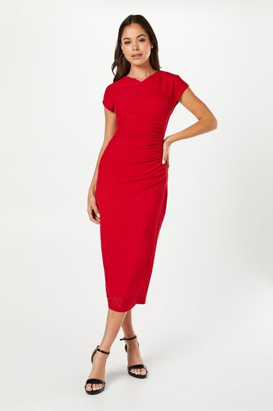 knee length dresses for ladies Mesh Overlay Midi Pencil Dress in Black main image 0