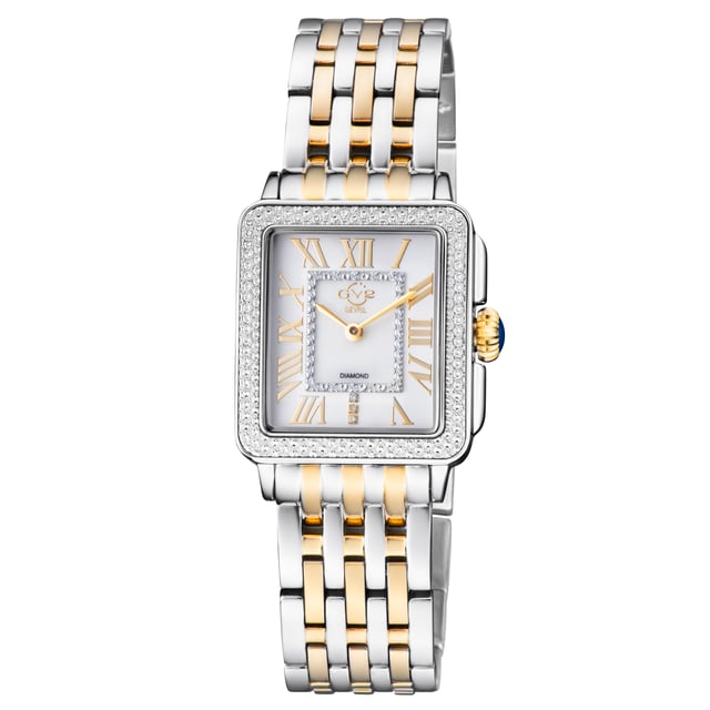 Decadence is in the details.      The Padova Collection by Gevril shares its name with the Italian city that has inspired artists for centuries. From Shakespeare to Giotto, Padova has set the stage for numerous timeless works of art, so it’s only fitting this series of watches features delicate detailing and expert craftsmanship. From the stunning, diamond cut ring dial to the anti-reflective sapphire crystal face, each enthralling element of this timepiece is made to precision. Contrasting roman numeral markers surrounding the face contrast with the dial, and 3 diamonds lay nestled at the VI mark. The square bezel is available in a myriad of metals and features a push-pull crown. This Swiss-Movement watch is water resistant for 30 meters. Dazzle in diamonds and enduring elegance with a timepiece from the Padova Collection.
GV2 12304B Women's Padova Swiss Diamond Watch
GV2 Women's Swiss Watch from the Padova Collection
28.5 mm Rectangle Rose Gold Case, Push Pull crown
Stunning White MOP dial with Diamond Cut ring on dial, 3 Diamonds at 6.00
Two-toned SS/IPYG Bracelet with Deployment Buckle
Anti-reflective Sapphire Crystal
Water Resistant to 30 Meters/3ATM
Swiss Movement Ronda 762