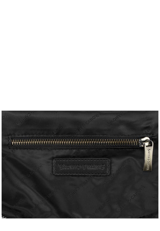 The Zip Around Nylon Backpack is the go-to bag for everyday essentials. The classic silhouette is cut in our signature nylon featuring a flap over zip pocket to the front. Inside features a 15” padded laptop sleeve with additional internal pockets for organised storage. Features: , Zip top opening, Front flap over zip pocket, Rear zip pocket, SMITH & CANOVA antique brass logo, Branded antique brass zips, Padded grab handle, Adjustable padded backpack straps, Internal 15 inch padded laptop sleeve, Internal zip pocket, 2 Internal mobile phone slip pockets - fits normal and plus size smart phones, 2 Internal pen slip pockets Style Ref: 92681 BLACK