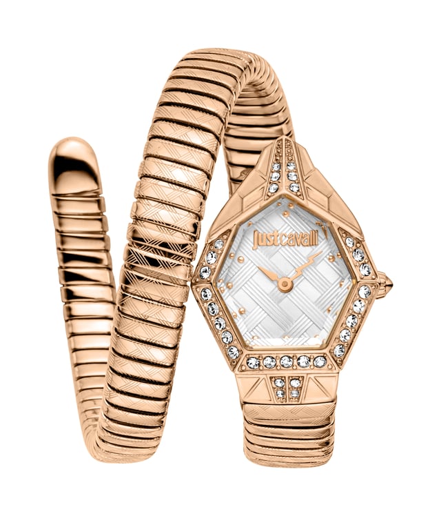 JC1L303M0045 Ornato Snake Analog Watch for Women Wear the minute of excellence with this watch from Just Cavalli. The dial is shielded by mineral glass. The 30 m water resistance makes sure it does not damage when in contact with water particles. The uni-directional bezel is a safety feature that provides a reliable way to measure time in critical situations, particularly in underwater environments where timing is crucial.