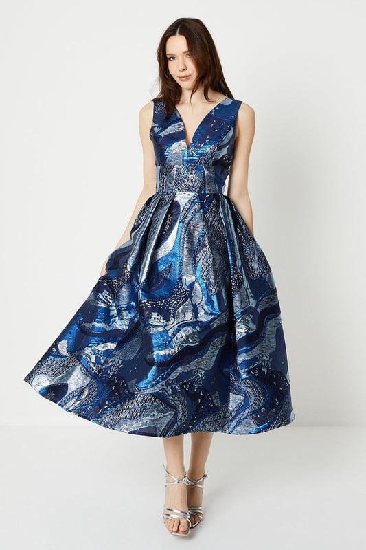 Plunging jacquard midi dress store