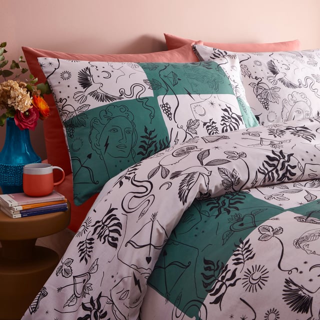Check out our own twist on the trending checkerboard design and amazing artwork on your bed! The Mythos Checkerboard duvet cover set is adorned with unique hand-drawn, printed mythology symbols, ranging from birds and florals to cupid’s heart and Greek gods. These are printed onto an eye-catching green and white checkerboard design, blending modern prints and ancient icons for a unique artistic look. Finished with a paired back look reverse that focuses purely on the arty mythology icons, printed on a white background. An imaginative way of adding a touch of both ancient and modern art to your bedroom.