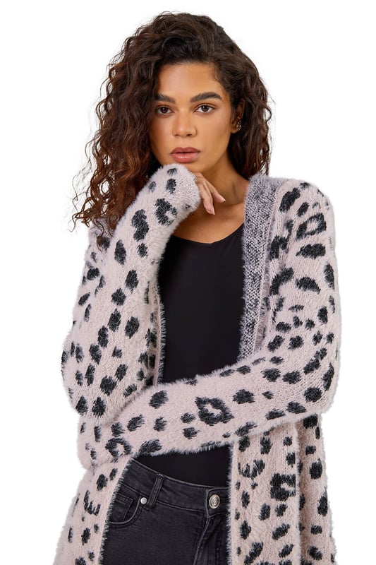 Fluffy Animal Print Hooded Cardigan