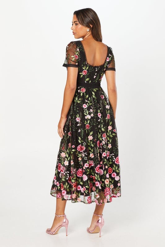 Lace Trim Detail Embroidered Mesh Midi Dress
