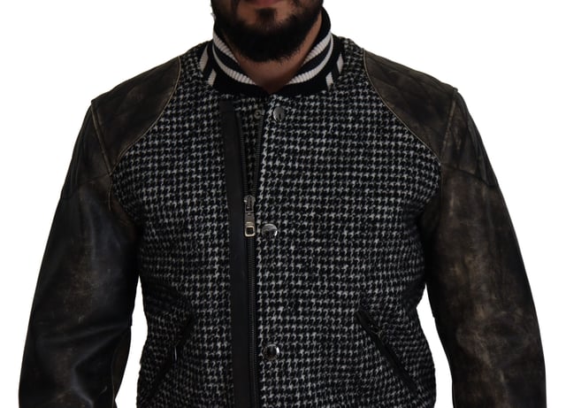 100% Authentic Dolce & Gabbana houndstooth jacket
  Exclusive and rare item from the MainLine collection
  Bomber jacket style
  Multicolor design
  Full zipper closure
  Logo details
  Made in Italy
  Material: 70% Polyester 30% Leather
  Lining: 100% Polyester
Material: 70% Polyester 30% Leather