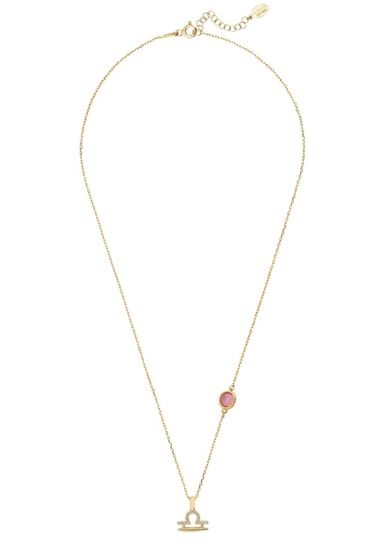 The Zodiac Libra Birthstone Necklace Pink Tourmaline Gold presents the scales' constellation in cubic zirconia, elegantly leading to a lab-created Pink Tourmaline which is set along the 40-45cm chain. This piece, set in 925 sterling silver that has been plated with 18ct gold, mirrors Libra's pursuit of balance and harmony, with Pink Tourmaline fostering compassion and gentleness, aligning with Libra's diplomatic nature in the stars.If you celebrate a birthday between Sep 23 - Oct 22, find harmony with this zodiac necklace. This balanced piece celebrates Libra's love for beauty and equilibrium, making it an ideal accessory for those who seek serenity.