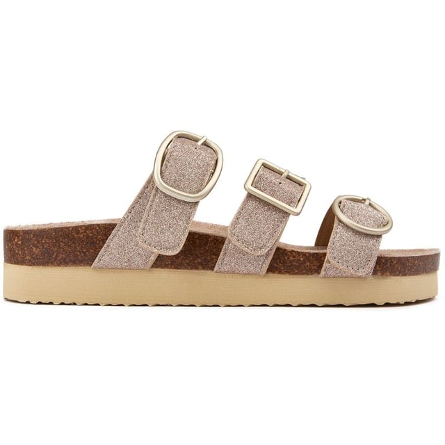 Sandalias astor Rocket Dog doradas para mujer, confeccionadas en sintético y suela de goma. Incluye: correa triple, plantilla acolchada, entresuela de corcho y marca Rocket Dog.