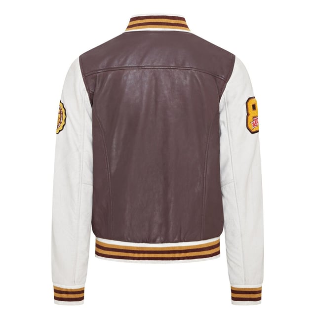 Introducing the Men's Baseball Leather Jacket, a perfect blend of classic varsity style and modern craftsmanship. This letterman bomber jacket features contrasting sleeves and a striped knit ribbed collar, waistband, and cuffs for a timeless athletic look. The press studs front closure and embroidered brand logo patches on the chest and sleeves add a touch of authenticity and flair. Designed with practicality in mind, it includes two jet pockets at the waist and two inside welt pockets for your essentials. The panelling to the back of the jacket ensures a tailored fit and superior comfort.

Contrasting sleeves for a stylish look
Striped knit ribbed collar, waistband, and cuffs for a classic finish
Press studs front closure for easy wear
Embroidered brand logo patches on the chest and sleeves for added detail
Two jet pockets at the waist and two inside welt pockets for convenience
