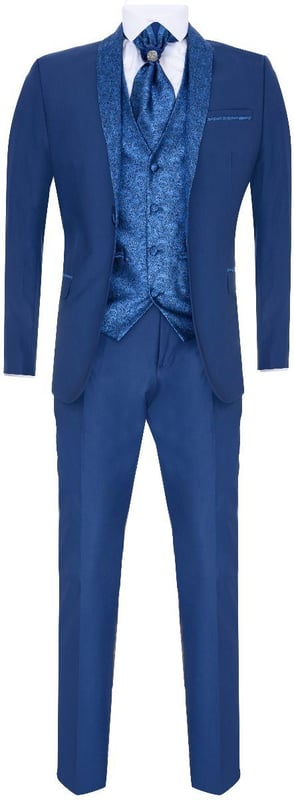 Sharp, sleek and sophisticated, look the part with this premium 4 piece Blue Suit, that features a Tailored Fit (inbetween Slim & Regular) with a closer fit across the chest and narrower tailored trousers. The jacket hangs beautifully and has a half canvas construction that moulds to your body shape the more you wear it. Contrasting flap pockets, buttoned cuffs and a single back vent lend the suit a classic touch of refinement. The suit features a Shawl Round Collar Design Blazer with a Unique Satin Paisley Contrast made from Soft Textured Fabric A paisley waistcoat completes the 4-piece with a 4-button down style with classic tailored pockets and a back adjuster to ensure you can create your ideal fit. The suit is evergreen and contemporary at the same time and allowing you to look the best all day. Pair it with a white shirt and shoes for a dapper finish.
