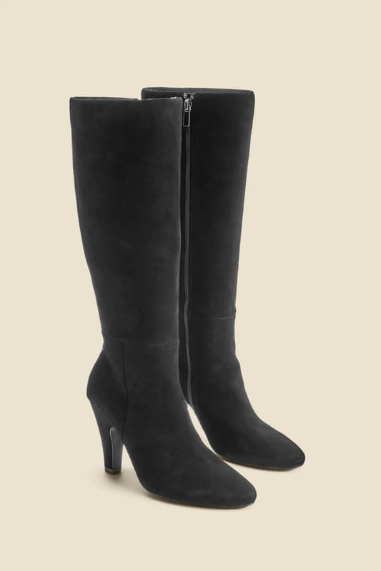 Every wardrobe needs a pair Crafted from butter-soft suede Set on a chunky curved heel for day-to-night comfort Wear-forever knee-high silhouette Slip over skinnies Style with a printed midi dress