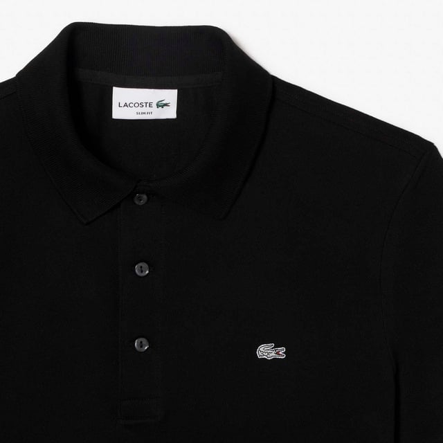 Mens Lacoste Slim fit Stretch Cotton Piqué Grey Crocodile Polo Shirt 3-button placket  Stretch cotton petit piqué Slim fit  Ribbed collar and armbands  Gray embroidered crocodile on chest