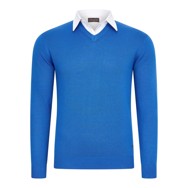 Jersey Cappuccino Italia para hombre. El jersey está confeccionado en 50% algodón y 50% poliéster y tiene un corte recto. El jersey tiene cuello camisero, que está cosido al jersey.  Marca: Cappuccino ItaliaNombre del modelo: Mock Pullover (con cuello camisero)Categoría: jersey para hombreMateriales: algodón, acrílicoColor: azul real, blanco