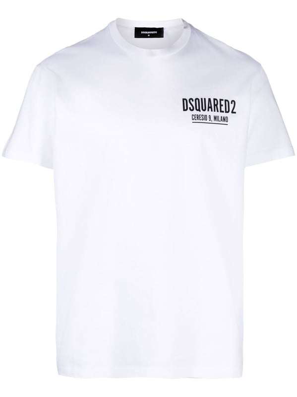 logo-print cotton T-shirt from DSQUARED2 featuring white, cotton, jersey knit, logo print at the chest, crew neck, short sleeves and straight hem.