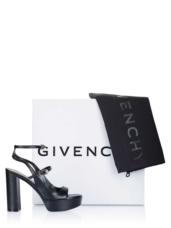 100% cuero; Sandalia Givenchy;  Modelo: BE307VE1SS 001;  Mano de obra de alta calidad;  100% piel de becerro suave;  Punta abierta y redonda;  Hebilla doble ajustable;  hebilla con pedrería;  Suela de plataforma: 3 cm;  Altura del tacón: 11,5 cm;  Detalles del logotipo de Givenchy.