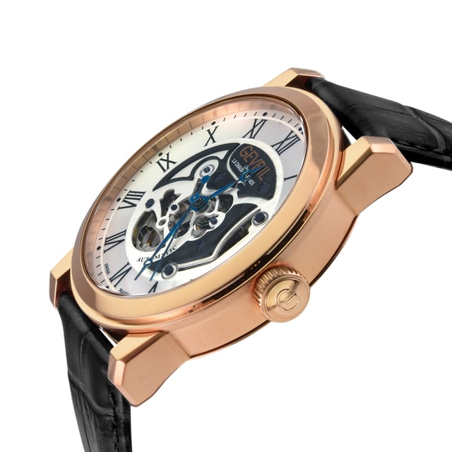 Gevril 22694 Men's Vanderbilt Swiss Automatic Watch
Gevril Men's Swiss Automatic Watch form the Vanderbilt Collection
47mm Round IPRG Case, Silver dial -Roman numeral indexes
Open Heart movement of front of dial, Gevril logo under 12 h
Push/Pull Crown, Limited Edition
Genuine Blue Handmade Italian Leather Strap with Deployment Buckle
Anti-reflective Sapphire Crystal
Water Resistant to 50 Meters/5ATM
Swiss Automatic Movement