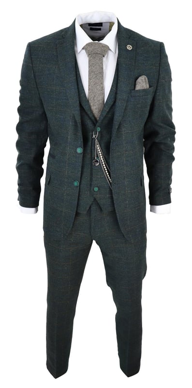 Sharp, sleek and sophisticated, look the part with this premium 3 piece Olive Green tweed suit, that features a slim fit cut, with a closer fit across the chest and narrower tailored trousers. the two-button jacket hangs beautifully and has a half canvas construction that moulds to your body shape the more you wear it. Contrasting flap pockets, buttoned cuffs and a single back vent lend the suit a classic touch of refinement. A matching tweed waistcoat completes the 3-piece with a single breasted down style with classic tailored pockets and a back adjuster to ensure you can create your ideal fit. The suit is evergreen and contemporary at the same time and allowing you to look the best all day. Pair it with a matching waistcoat, a white shirt and shoes for a dapper finish.Perfect For Any Smart Formal Traditional Vintage Retro Themed Occasions, Such As Weddings, Proms Or Parties!Tailored Fit (inbetween Slim & Regular) Many More Styles & Colours Available in Store!