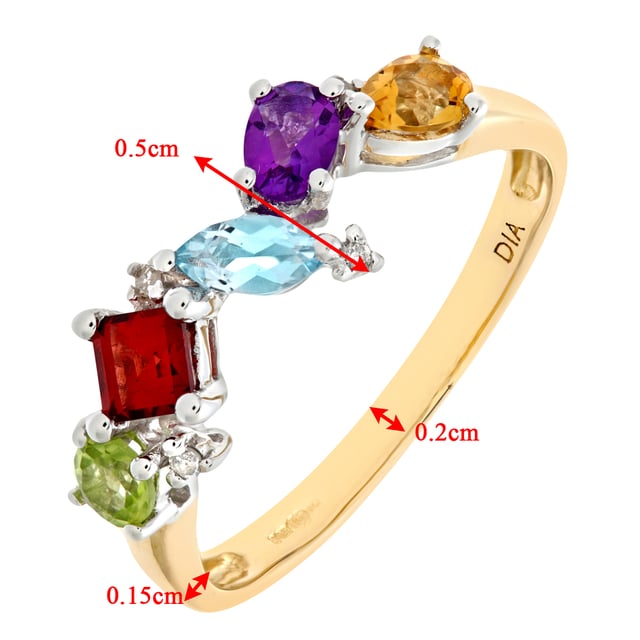 Ladies 9ct Yellow Gold Diamond Multi Gem Stone Dress Ring