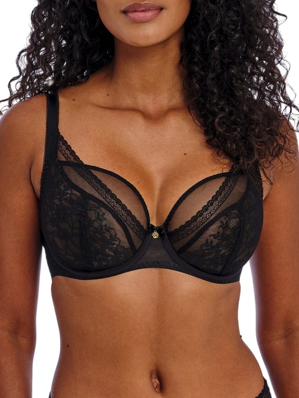 Freya Sydnie High Apex Plunge Bra. Underwired non padded plunge bra with high apex sheer floral lace overlay, low plunge neckline and fully adjustable straps. Product is recommended as hand-wash only.