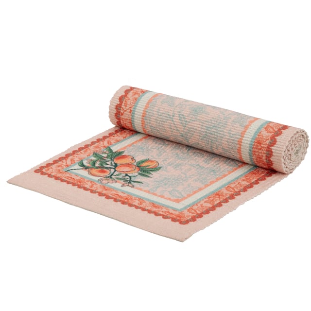 Transform your dining space with the Anemone Peaches Indoor/Outdoor Table Runner. This exquisite piece combines the intricate elegance of 17th-century Jacobean patterns with a fresh, vibrant flair, offering a unique twist to your decor. Its digitally printed design, featuring delicate floral motifs and juicy fruit illustrations, unfolds into a sophisticated statement, perfect for impressing your guests. Crafted for versatility, it's weatherproof and machine washable, seamlessly transitioning from indoor gatherings to alfresco dining. Lightweight and foldable, it’s effortlessly portable, making it an ideal choice for those who value both style and practicality in their home essentials. Size: 180 cm x 35 cm