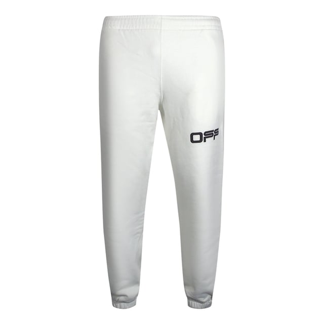 Off-White-weiße Jogginghose, Off-White-Markenlogo am linken Bein, elastische Taille und Bündchen, Marker-Signatur-Markendesign, Airport-Tape-Streifen an den hinteren Unterschenkeln. 100 % Baumwolle, hergestellt in Portugal, weiße Jogginghose
