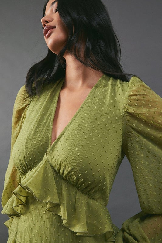 Chiffon Plunge Neck Ruffle Detail Volume Sleeve Maxi Dress