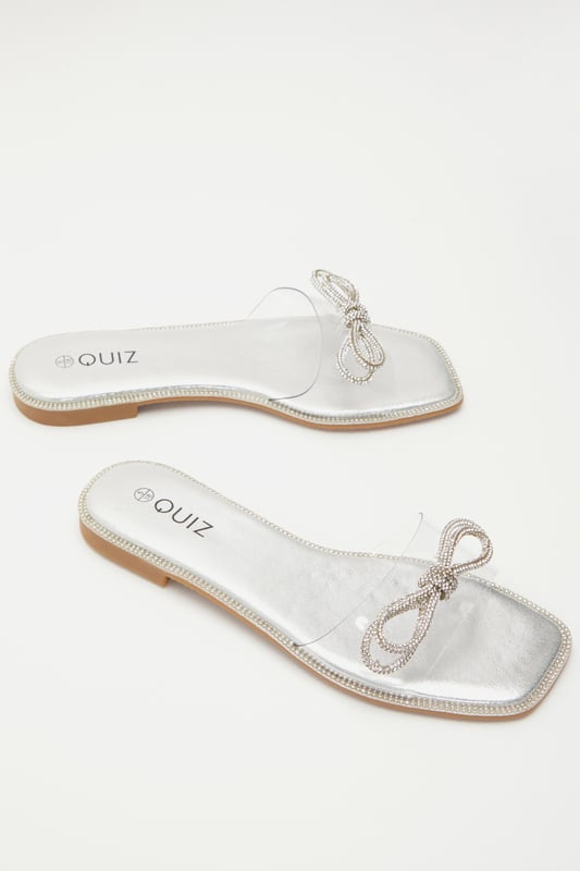 Silver Diamante Bow Flat Sandals