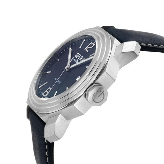 As adventurous as its namesake, the Canal Street Collection by Gevril captures the energy of this bold, buzzing New York City street in a new signature series of watches. Downtown Manhattan is as known for the enduring high fashion as it is for edgy street style. Balanced between the hip Chelsea neighborhood and upscale SoHo, no thoroughfare represents this juxtaposition better than the bustling Canal Street. In this series of diver watches by Gevril, luxe details, precision design, and robust styling combine, featuring precision Swiss Automatic movement.   Gevril 46502 Men's Canal St Automatic Watch

Gevril Men's Canal St Automatic Watch
44mm Octagon 316L Stainless Steel Case Blue Dial with Exhibition Case Back Window
Date at 3H, Silver Indices applied on dial
Genuine Blue Leather Strap with Tang Buckle
Anti-reflective Sapphire Crystal
Water Resistant to 50 Meters/5ATM
Swiss Made Automatic, Sellita SW200 Movement