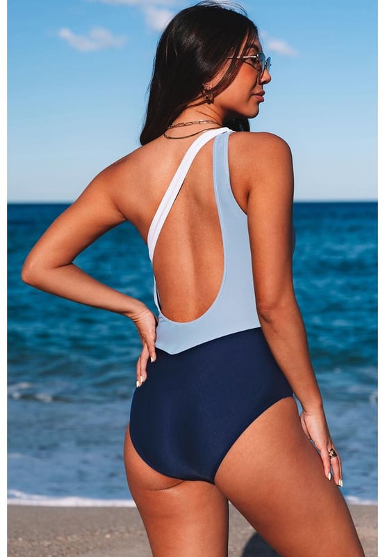 Stylish and trendy one-shoulder design
  Backless feature adds allure
  Color block pattern for a visually appealing aesthetic
  Made with Quality materials
  Comfortable and durable
  Perfect for lounging by the pool or taking a dip in the ocean
