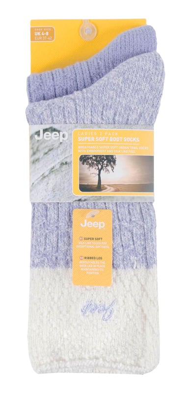 Jeep Socks for Women include all the durable and resilient qualities that the well-reputed brand is known for, but maintain the style and comfort that women have come to expect from their socks. This range of Ladies Jeep socks are perfect for matching your trekking gear, or even if you are looking to update your winter sock collection. Luxuriously soft and silky, these 2 pack Jeep boot socks for ladies are ideal for casual and urban outdoor activities. These super soft socks are made from performance polyester with a layer of terry cushioning for added comfort. The uber soft touch yarn feels warm to the skin and helps to retain warmth. They are are knitted in a classic wide rib pattern that will look fabulous in any pair of boots! For a subtle fashion statement, these socks feature a Lurex glitter cuff design which adds a lovely sparkle to your ensemble! These socks come in a pack of 2. They are made from 97% Polyester 3% Elastane. They are available in sizes 4-8 UK.