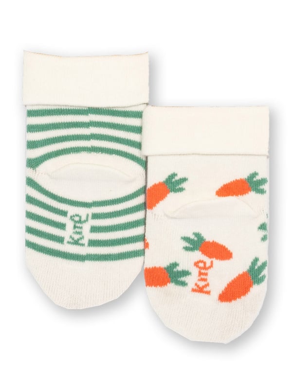 90% organic cotton 8% polyamide 2% elastane | Proud to be certified to the Global Organic Textile Standard (GOTS) | Sage green and cream stripe with bunny face, and carroty designs | Two pack | Turn down tops | Made in Turkey | Machine washable at 40 degrees, or at 30 degrees to be kinder to the planet