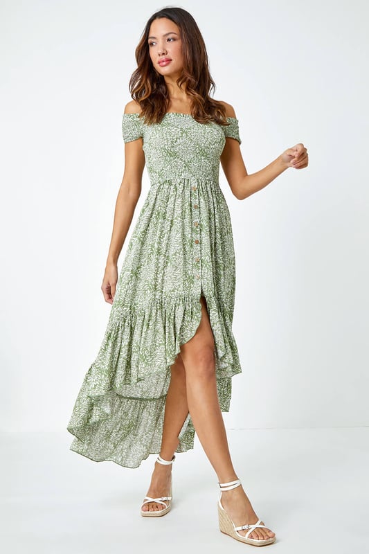 Leaf Print Shirred Bardot Dress