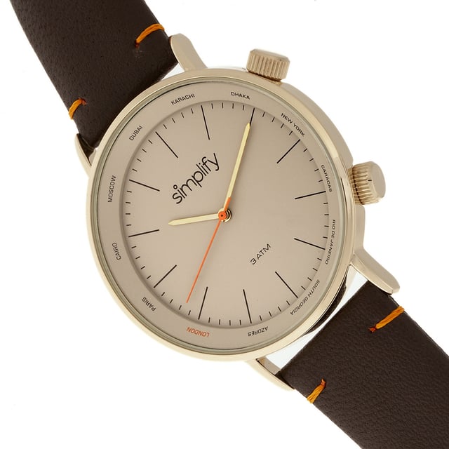 Polished Metal Case; Quality Japanese Quartz Movement; Non-Glare Scratch-Resistant Mineral Crystal; Rotating World Time Zones on Dial; Logo-Engraved Stainless Steel Caseback; Hinged Genuine Leather Strap; Logo-Engraved Stainless Steel Clasp; 43mm Diameter; 3 ATM Water Resistance;