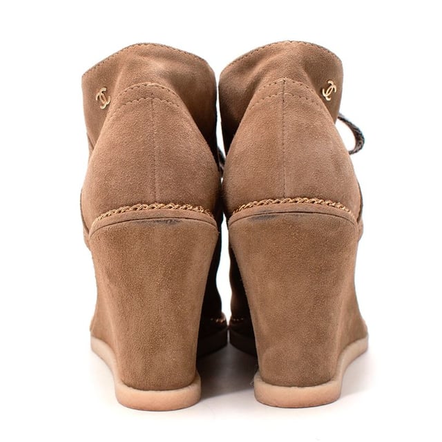Chanel Sandy Brown Suede Lace Up Wedge Booties