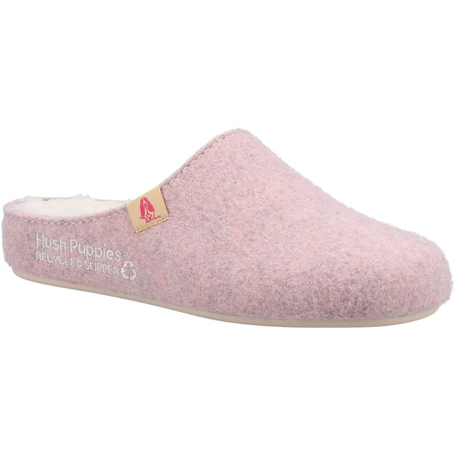 Hush Puppies The Good 90% Recycled RPET Polyester Women's Pink Slippers Proudly crafted from 90% Recycled polyester upper and lining. The Good Slipper is a must have this season with its super soft organic cotton sock and 100% recycled foam bed. Made with a durable natural rubber sole for added grip and extra comfort